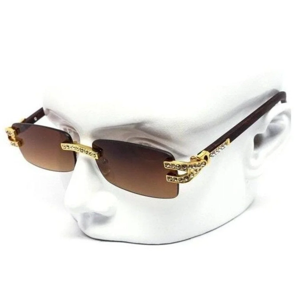 Rhinestone Sunglasses Rimless Buffs Brown Lens Fashion Shades Music Party Shades